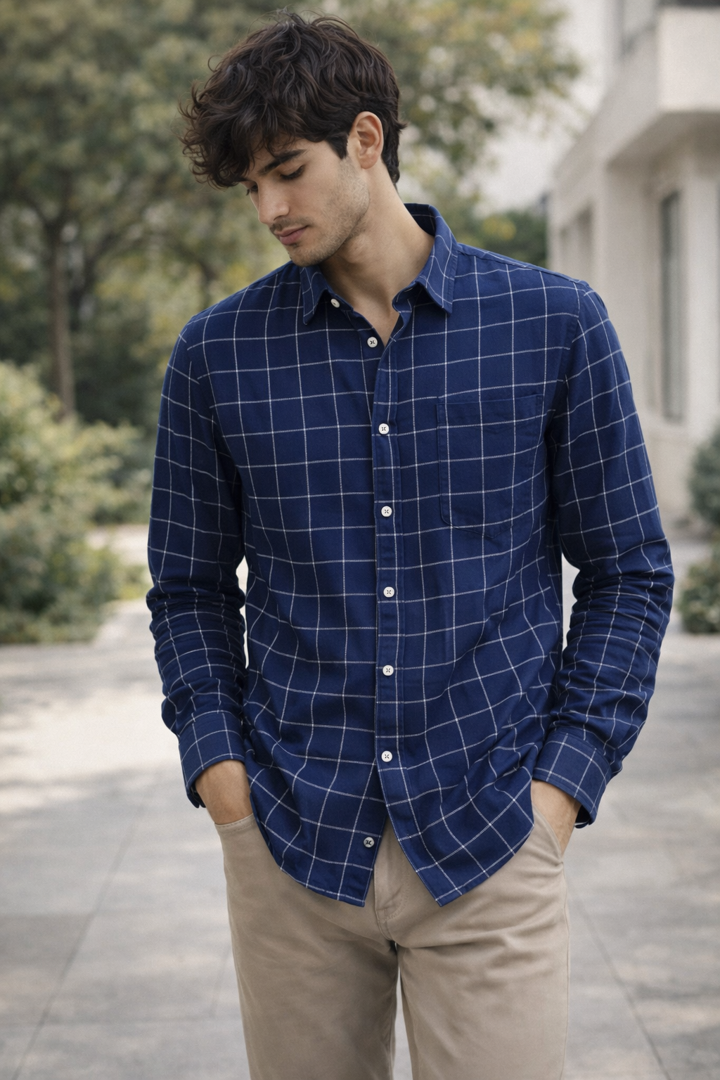 Navy Blue Windowpane Check Shirt - 23204