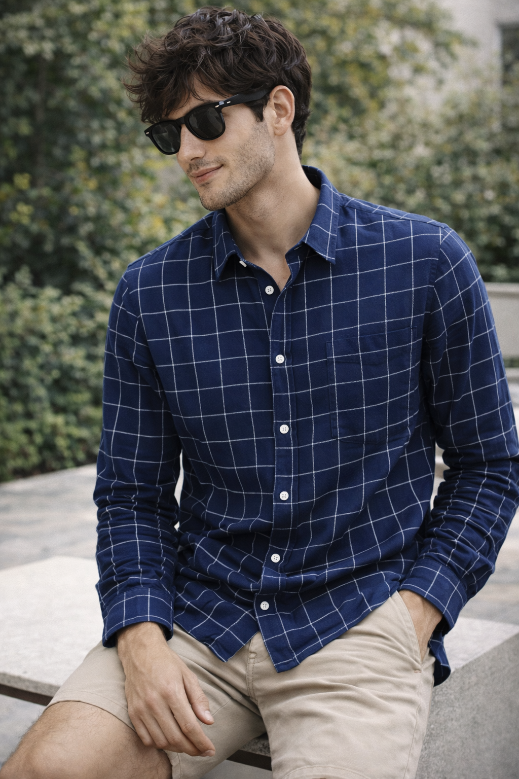 Navy Blue Windowpane Check Shirt - 23204