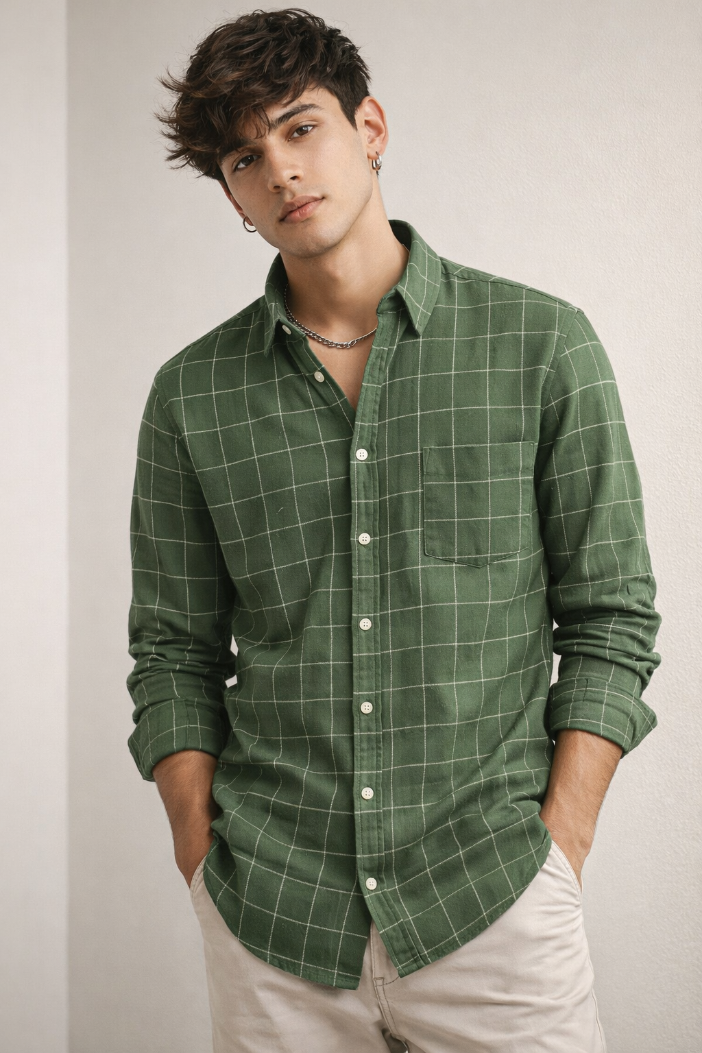 Olive Green Checkered Casual/Formal Cotton Shirt - 23208