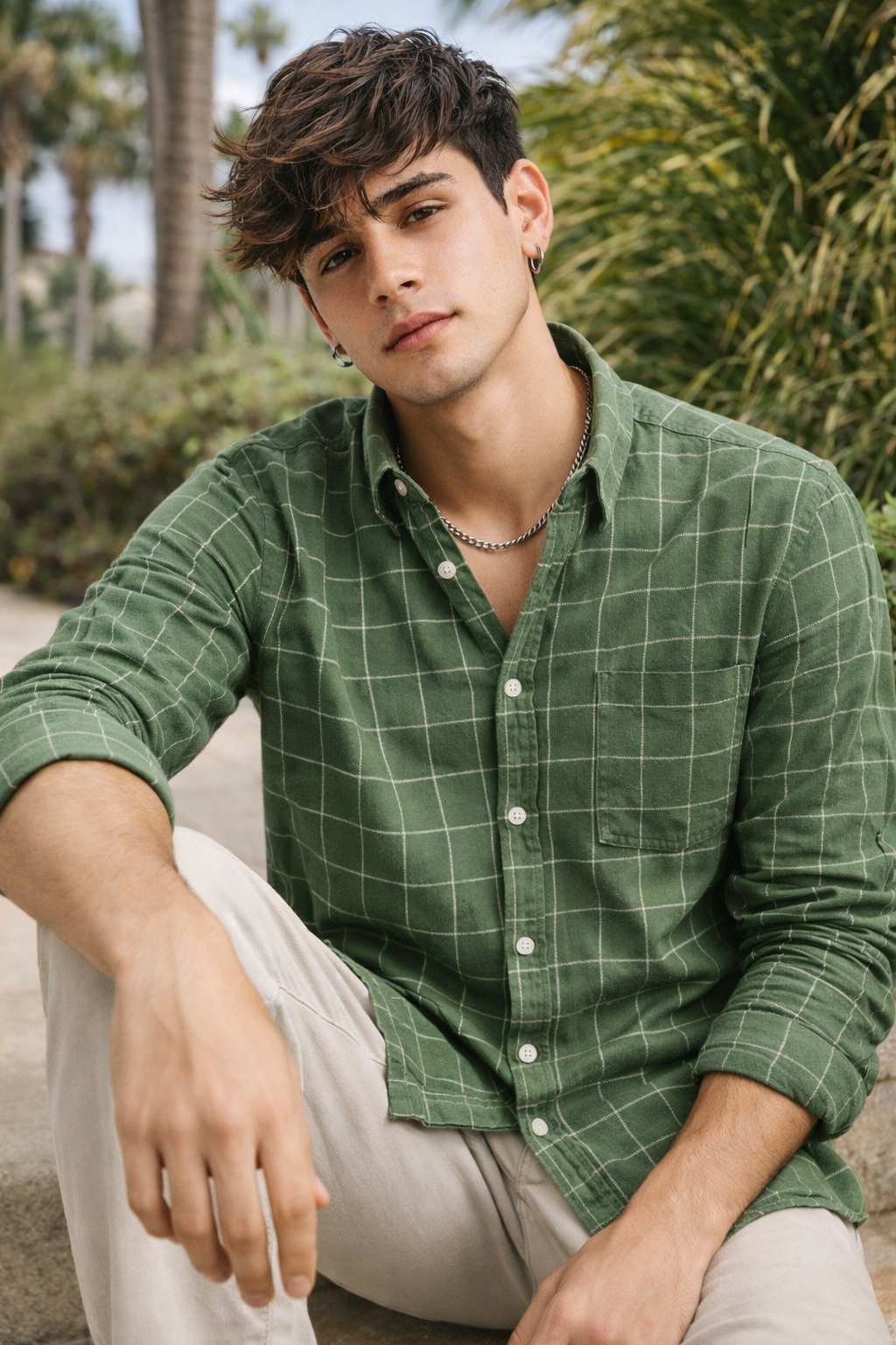 Olive Green Checkered Casual/Formal Cotton Shirt - 23208