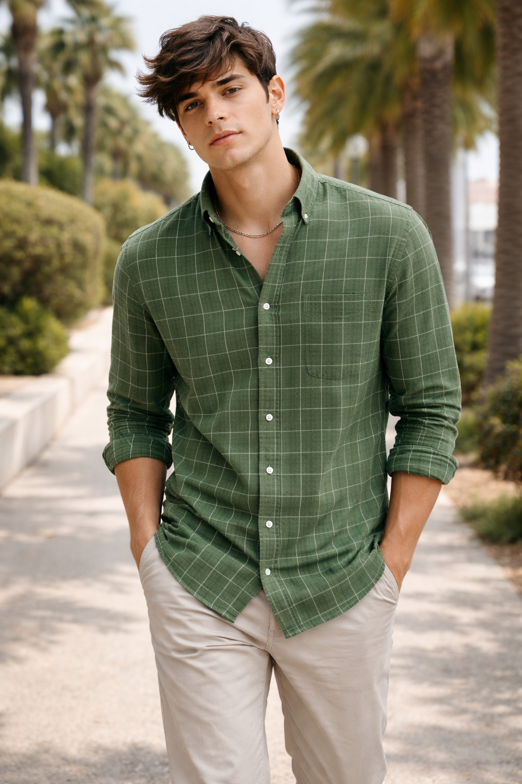 Olive Green Checkered Casual/Formal Cotton Shirt - 23208