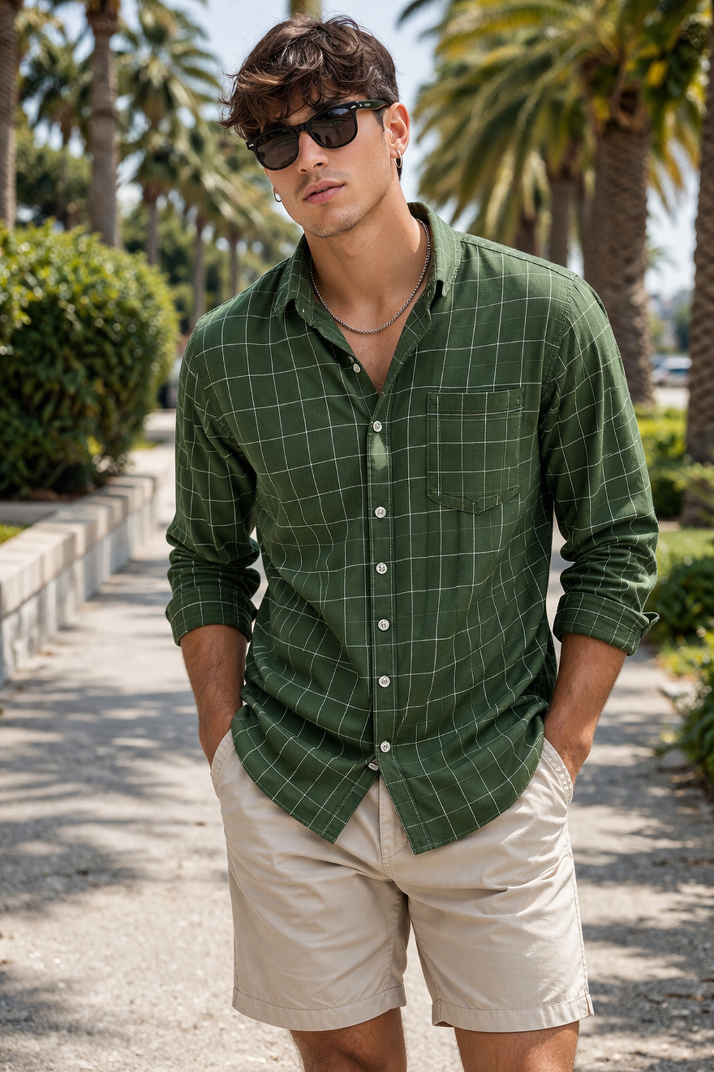 Olive Green Checkered Casual/Formal Cotton Shirt - 23208