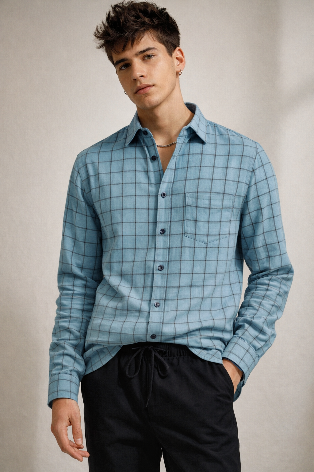 Teal Checkered Cotton Shirt - 24462