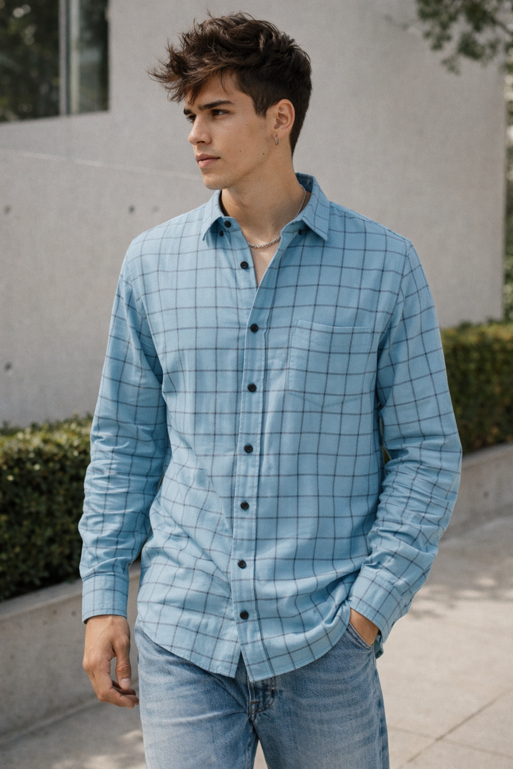 Teal Checkered Cotton Shirt - 24462