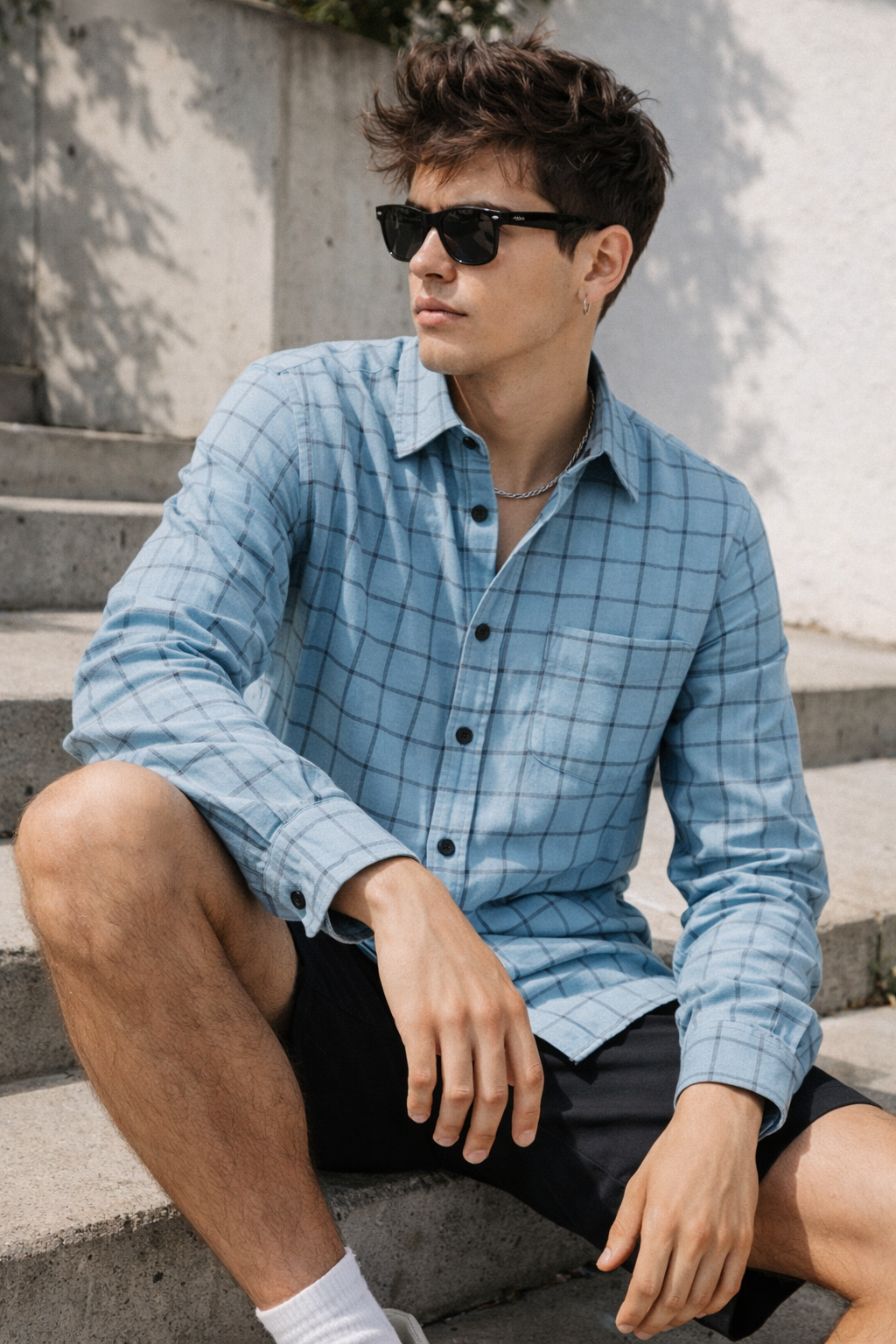 Teal Checkered Cotton Shirt - 24462