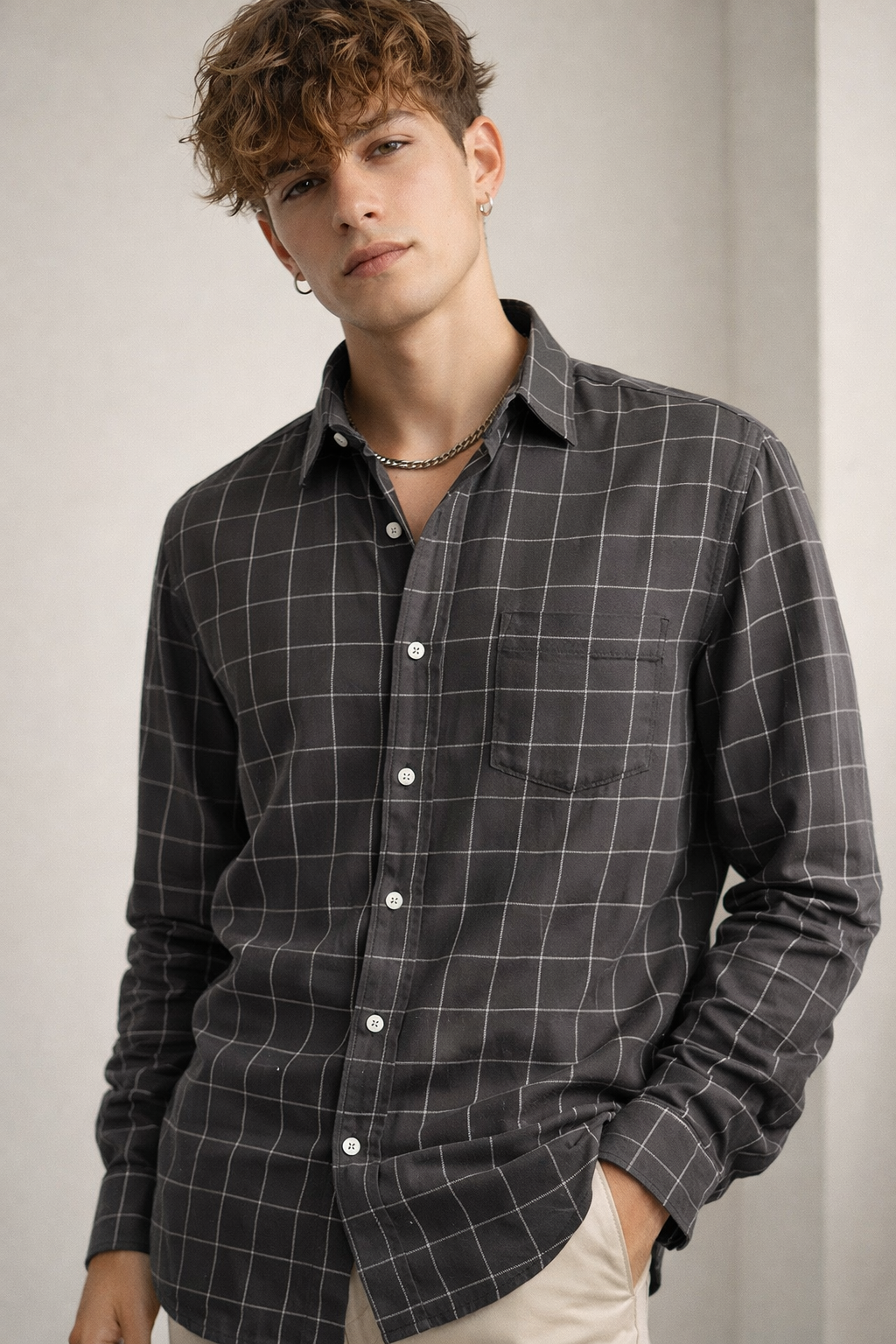 Charcoal Grey Checkered Formal Shirt - 23206