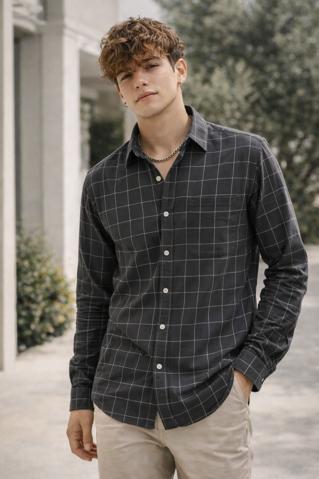 Charcoal Grey Checkered Formal Shirt - 23206
