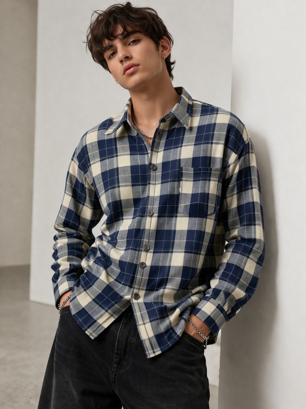 Navy & Cream Plaid Brushed Flannel Shirt - 23637
