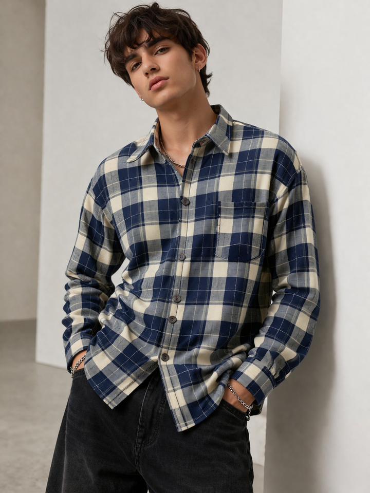 Navy & Cream Plaid Brushed Flannel Shirt - 23637