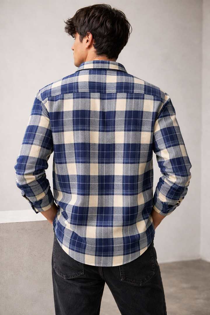 Navy & Cream Plaid Brushed Flannel Shirt - 23637