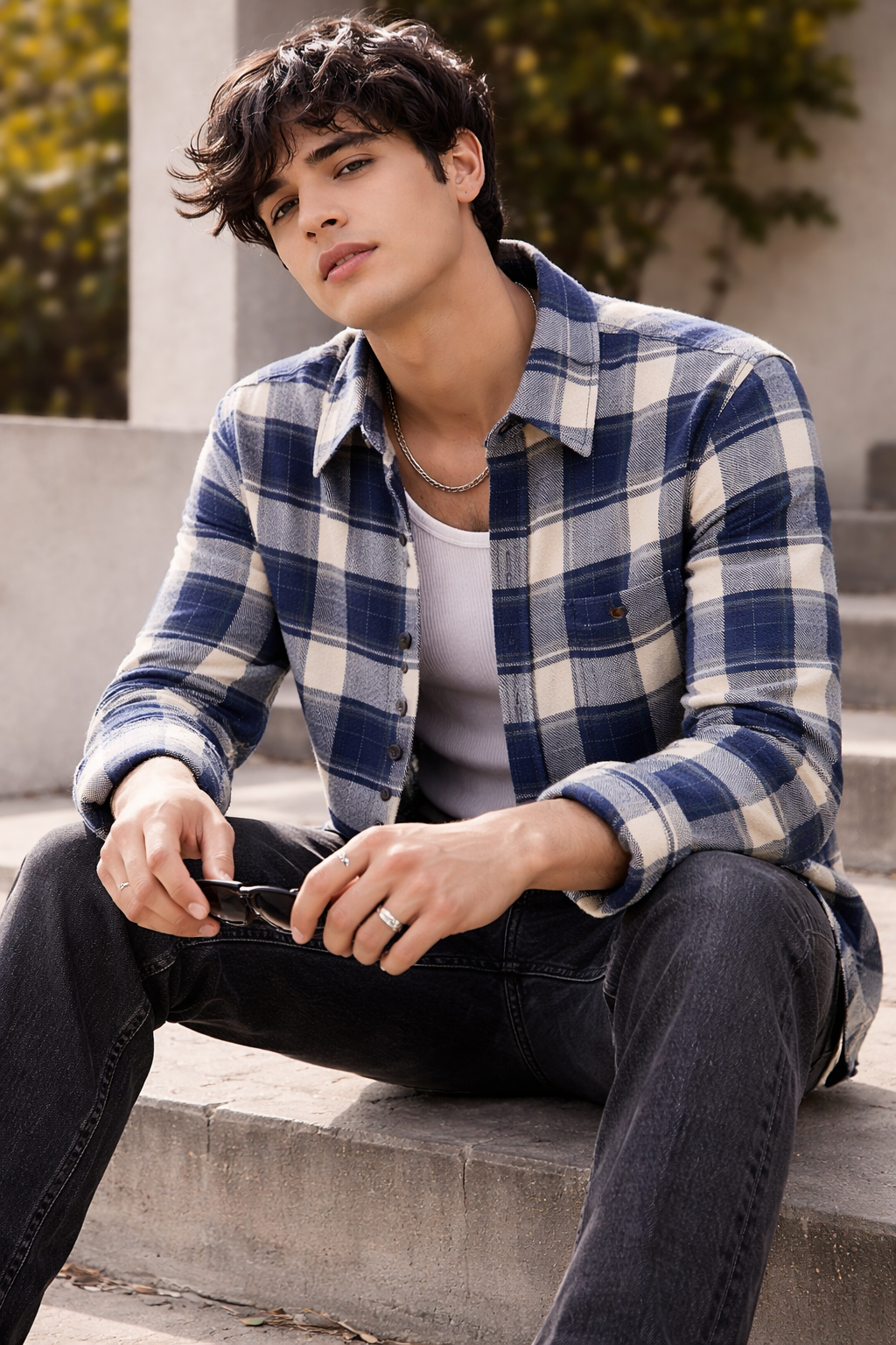Navy & Cream Plaid Brushed Flannel Shirt - 23637