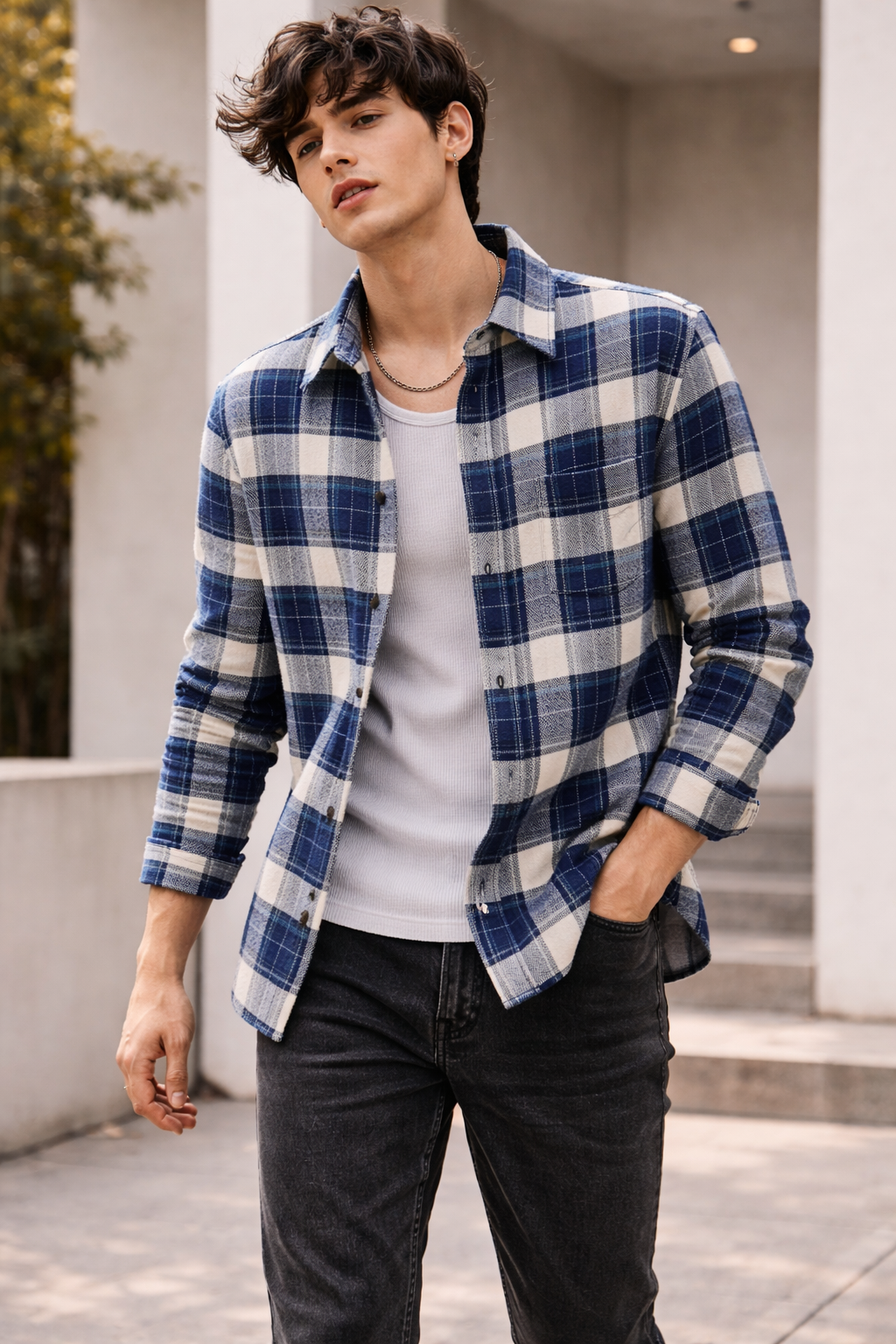Navy & Cream Plaid Brushed Flannel Shirt - 23637
