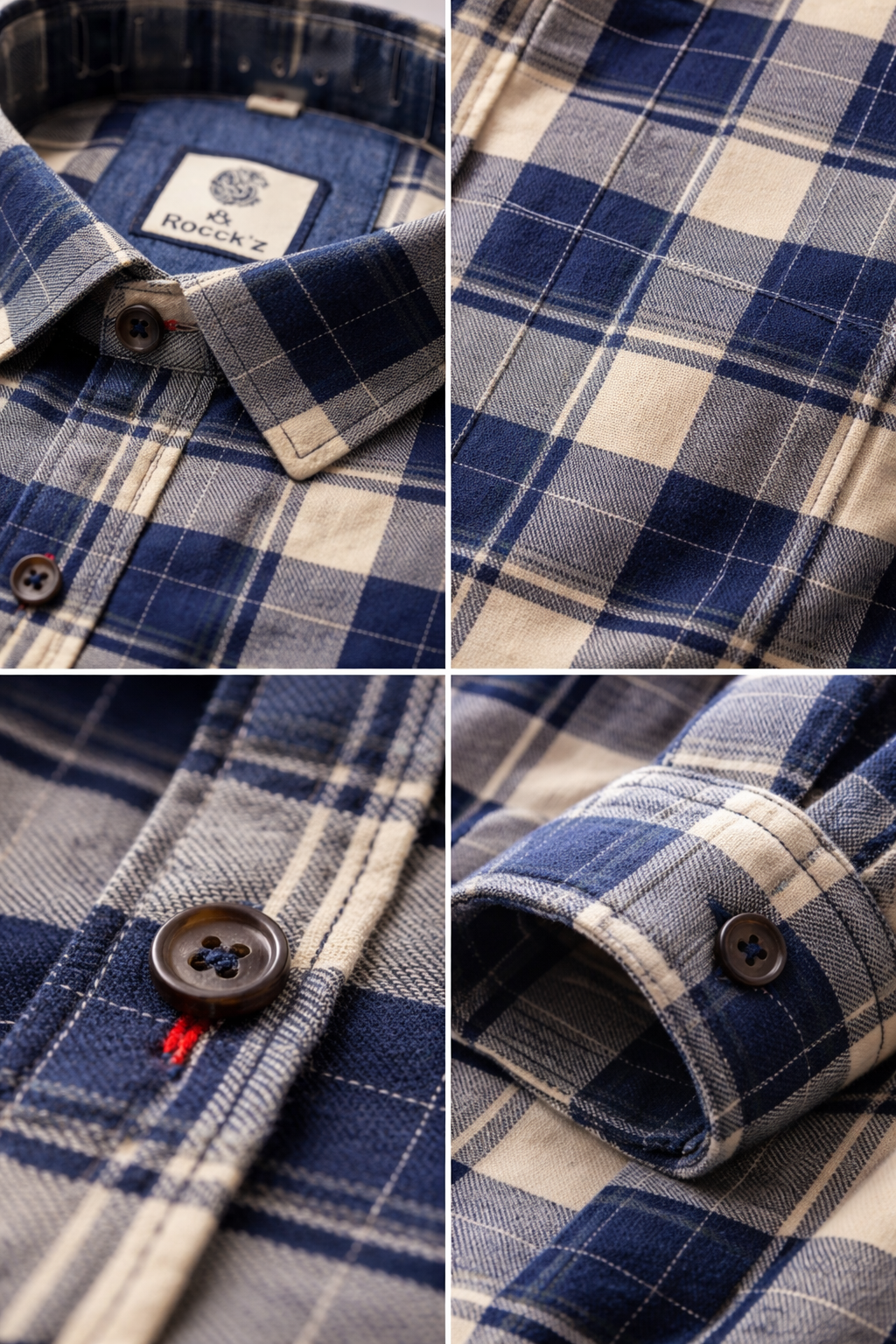 Navy & Cream Plaid Brushed Flannel Shirt - 23637