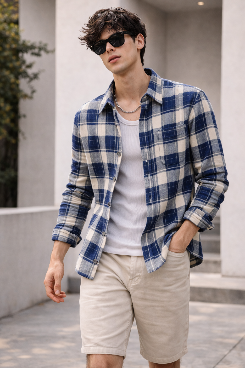 Navy & Cream Plaid Brushed Flannel Shirt - 23637
