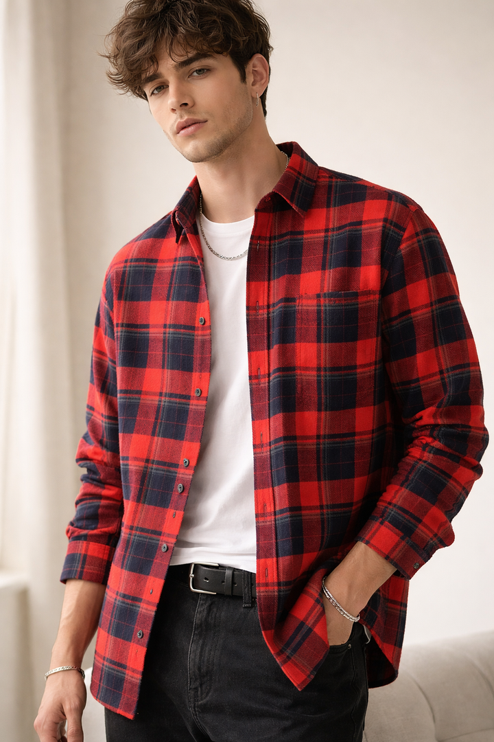 Red & Blue Checkered Casual Button-Down Shirt - 23635