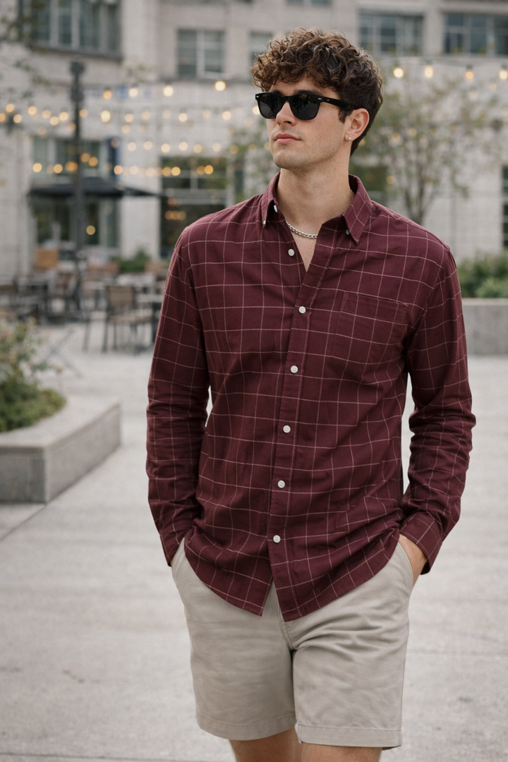 Maroon Windowpane Check Formal Shirt - 23207