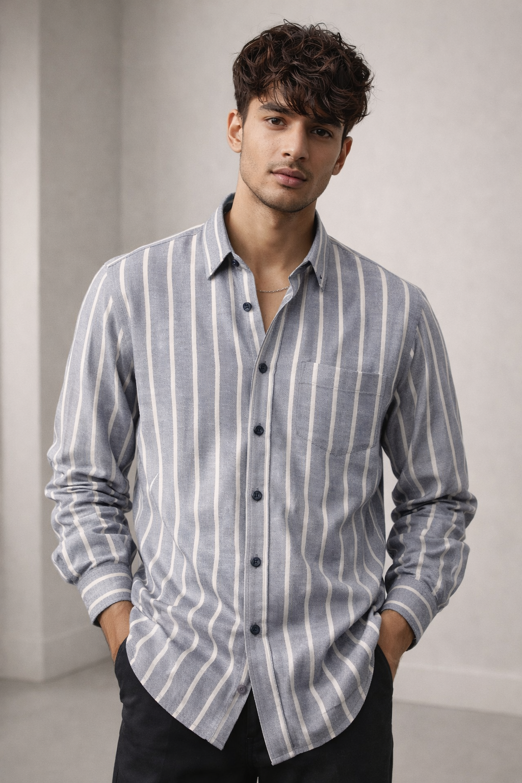 Grey & White Striped Cotton Casual Shirt - 24553