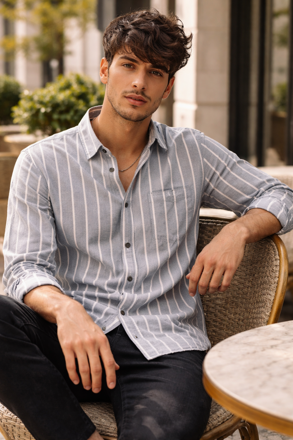 Grey & White Striped Cotton Casual Shirt - 24553