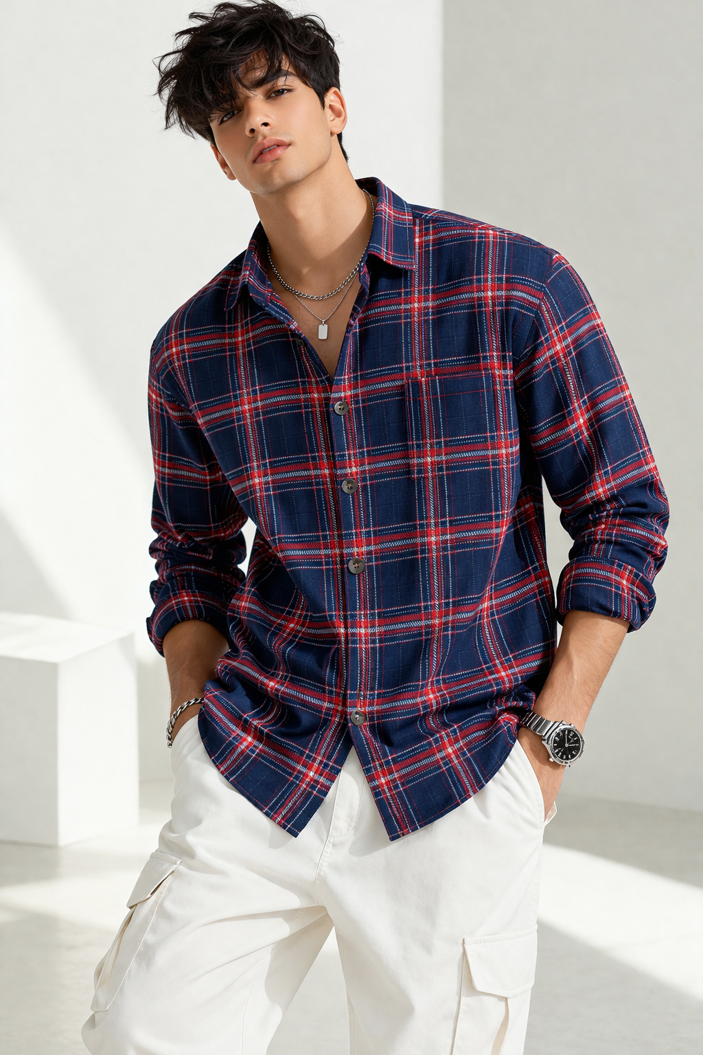 Classic Navy & Red Cotton Check Shirt - 23631