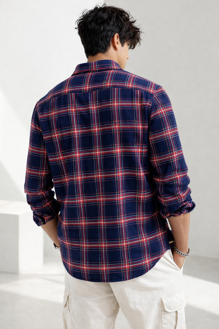 Men's Classic Navy & Red Cotton Check Shirt - 23631