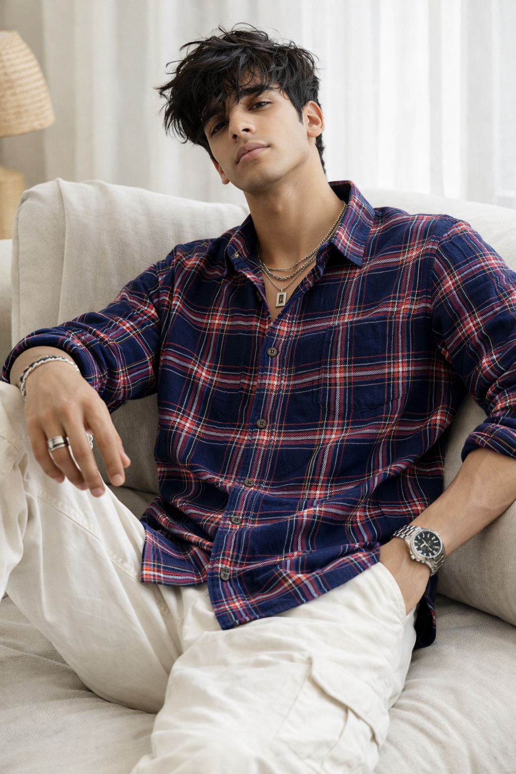 Classic Navy & Red Cotton Check Shirt - 23631