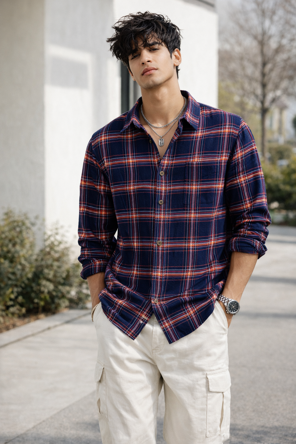 Classic Navy & Red Cotton Check Shirt - 23631