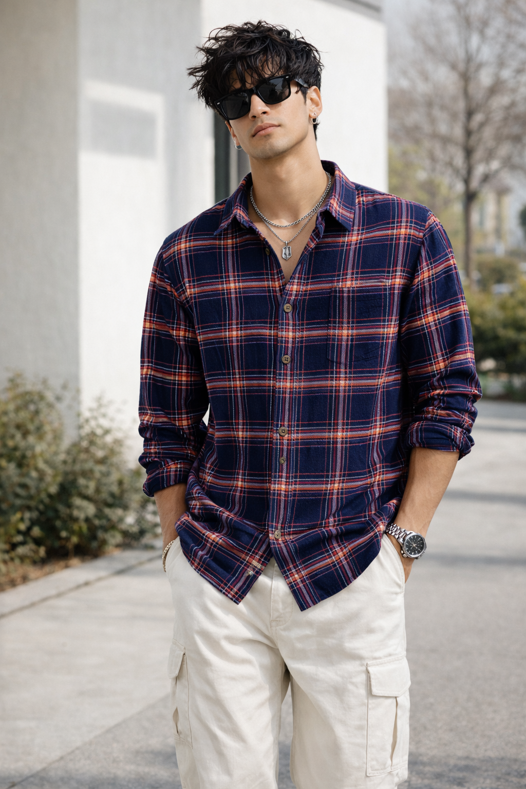 Classic Navy & Red Cotton Check Shirt - 23631