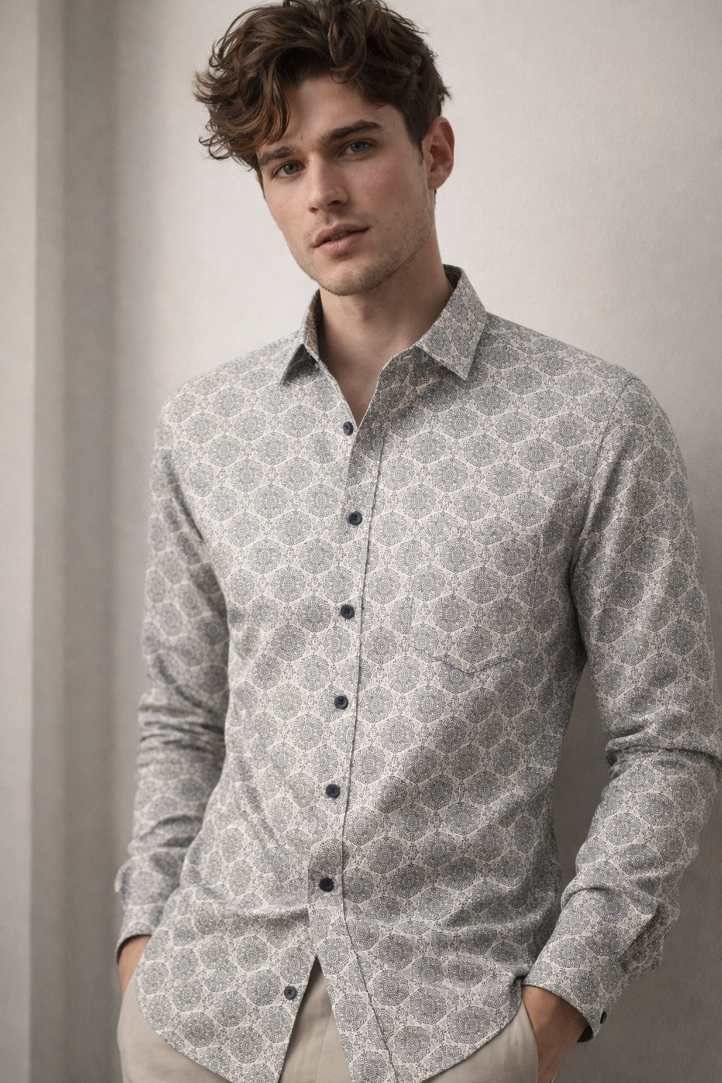 Men’s Premium Printed Cotton Grey Mandala Printed Shirt - 25606