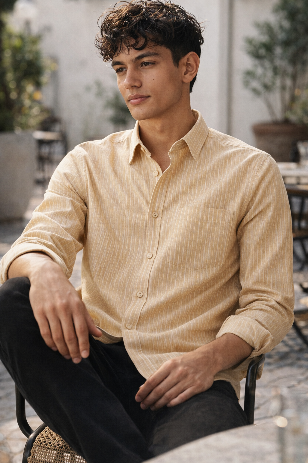 Classic Beige Striped Formal Shirt - 26326