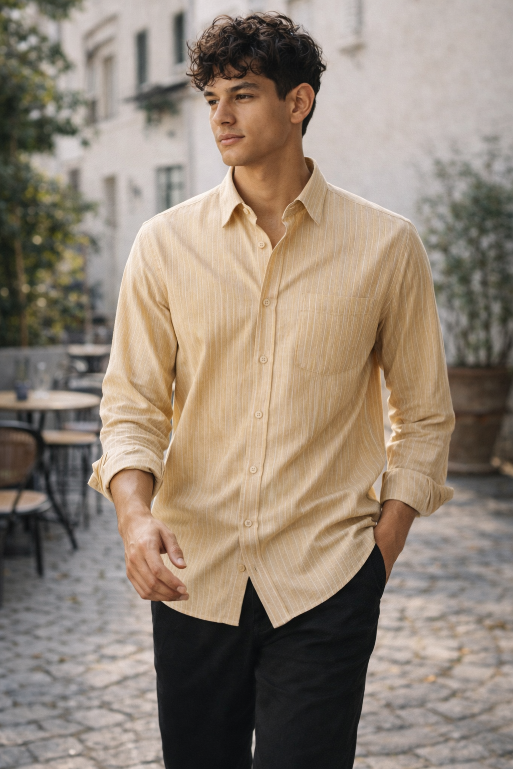 Classic Beige Striped Formal Shirt - 26326