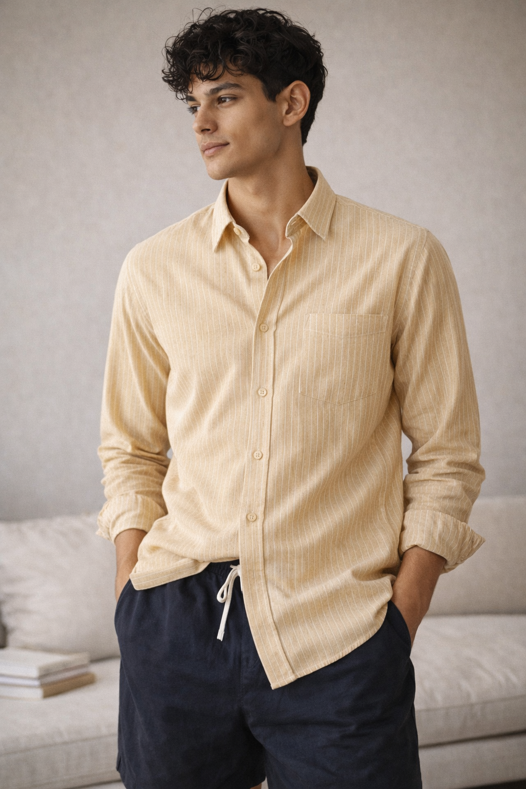 Classic Beige Striped Formal Shirt - 26326