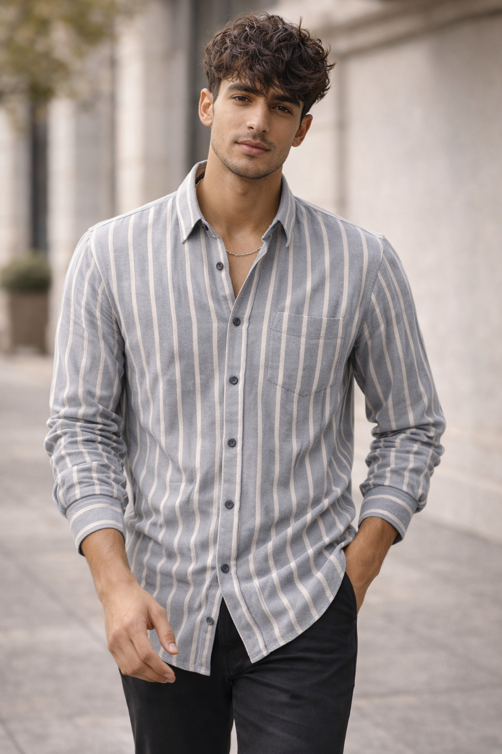 Grey & White Striped Cotton Casual Shirt - 24553