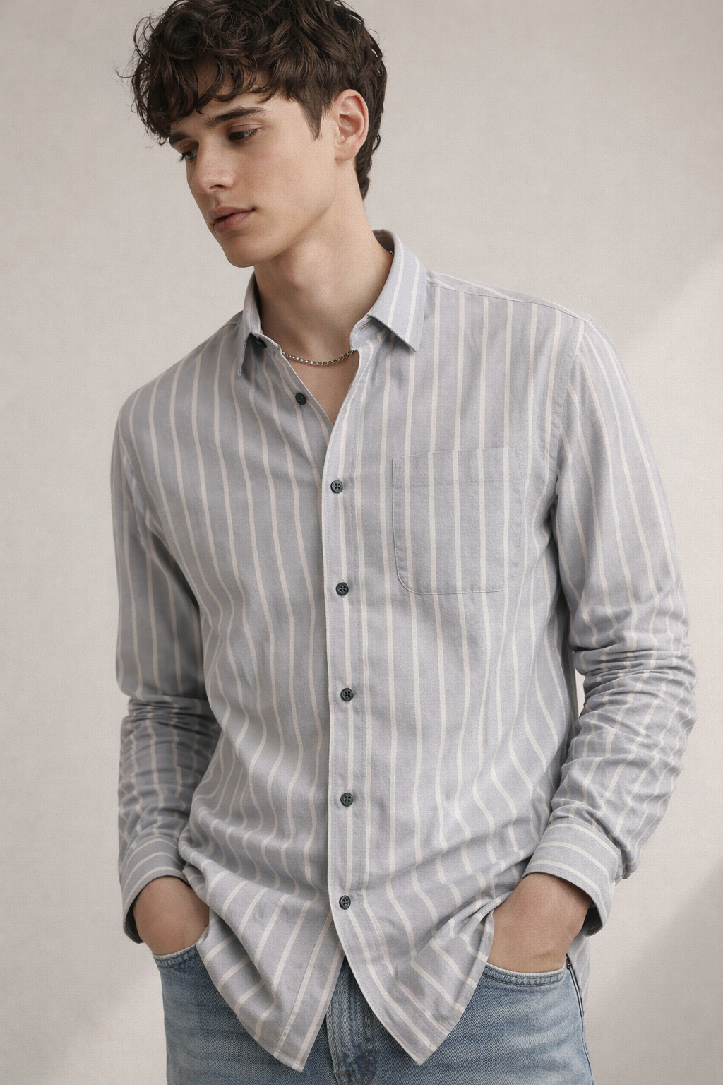 Men’s Classic Grey & White Striped Cotton Shirt - 23381