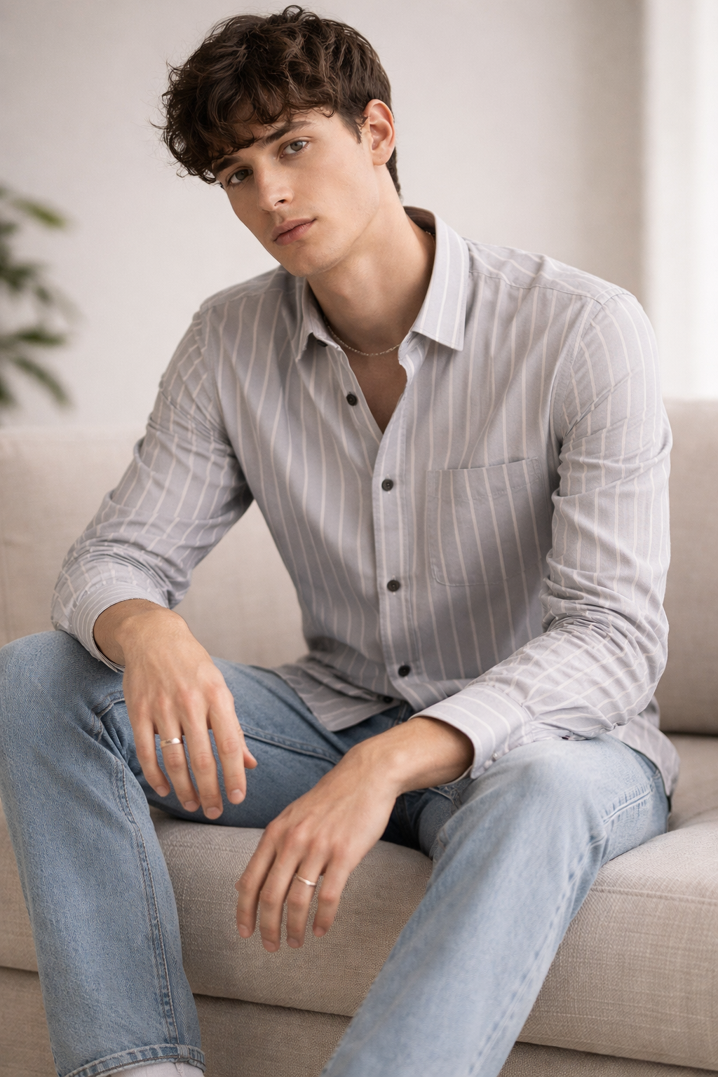 Men’s Classic Grey & White Striped Cotton Shirt - 23381