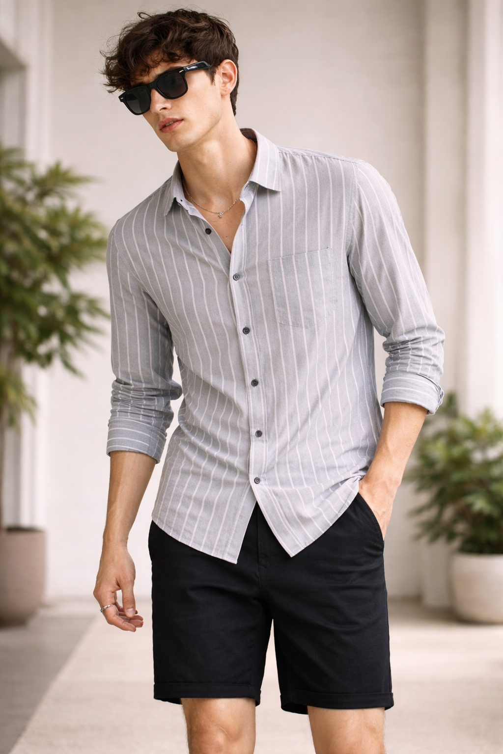 Men’s Classic Grey & White Striped Cotton Shirt - 23381
