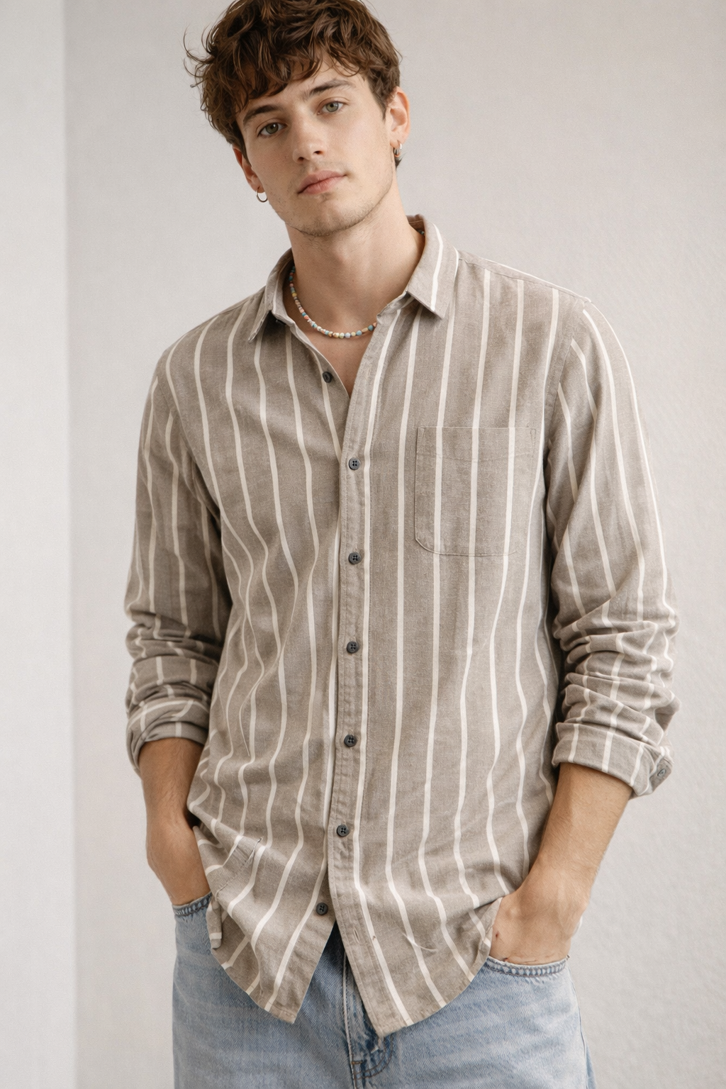 Beige & White Vertical Stripe Cotton Casual Shirt - 24550