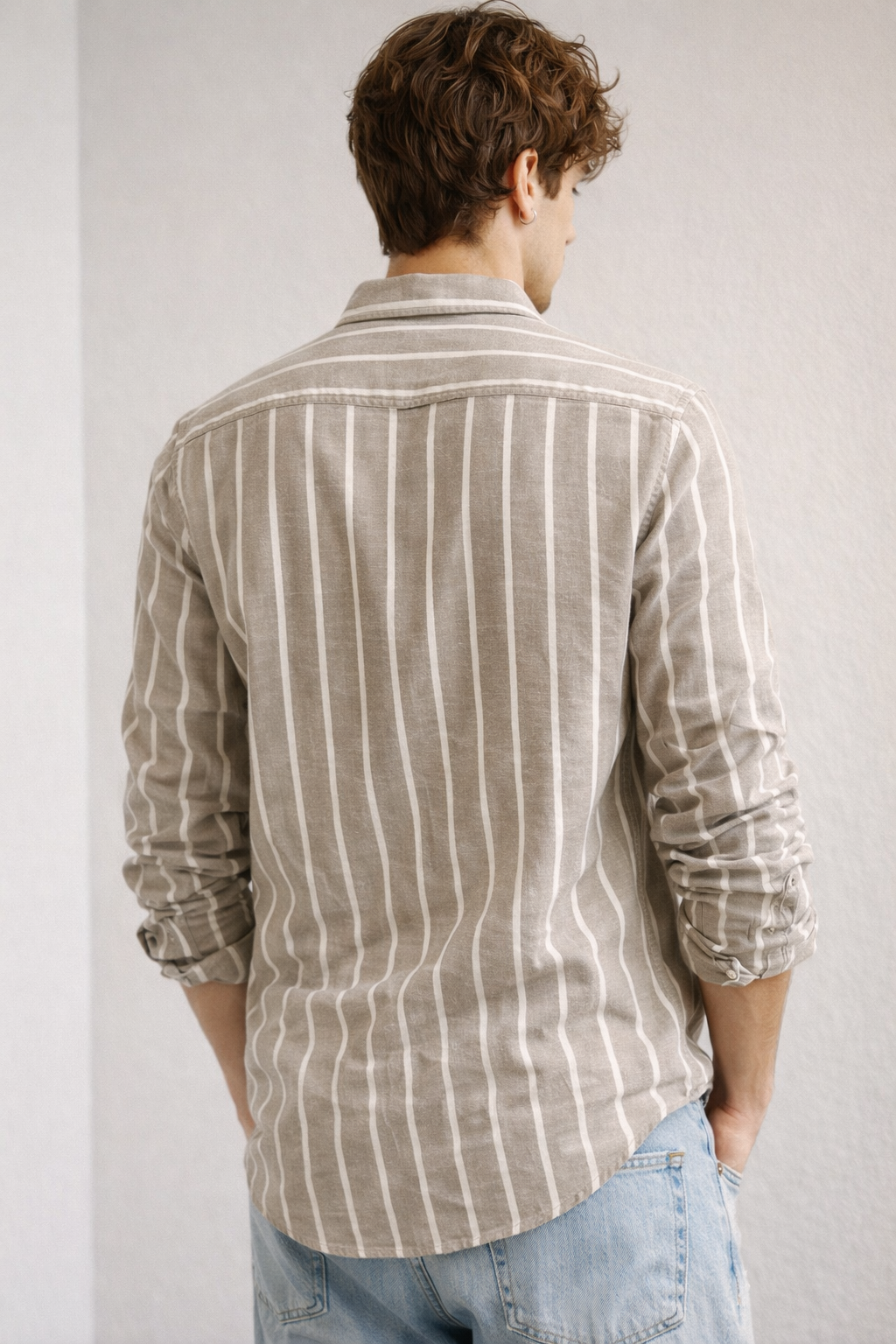 Beige & White Vertical Stripe Cotton Casual Shirt - 24550