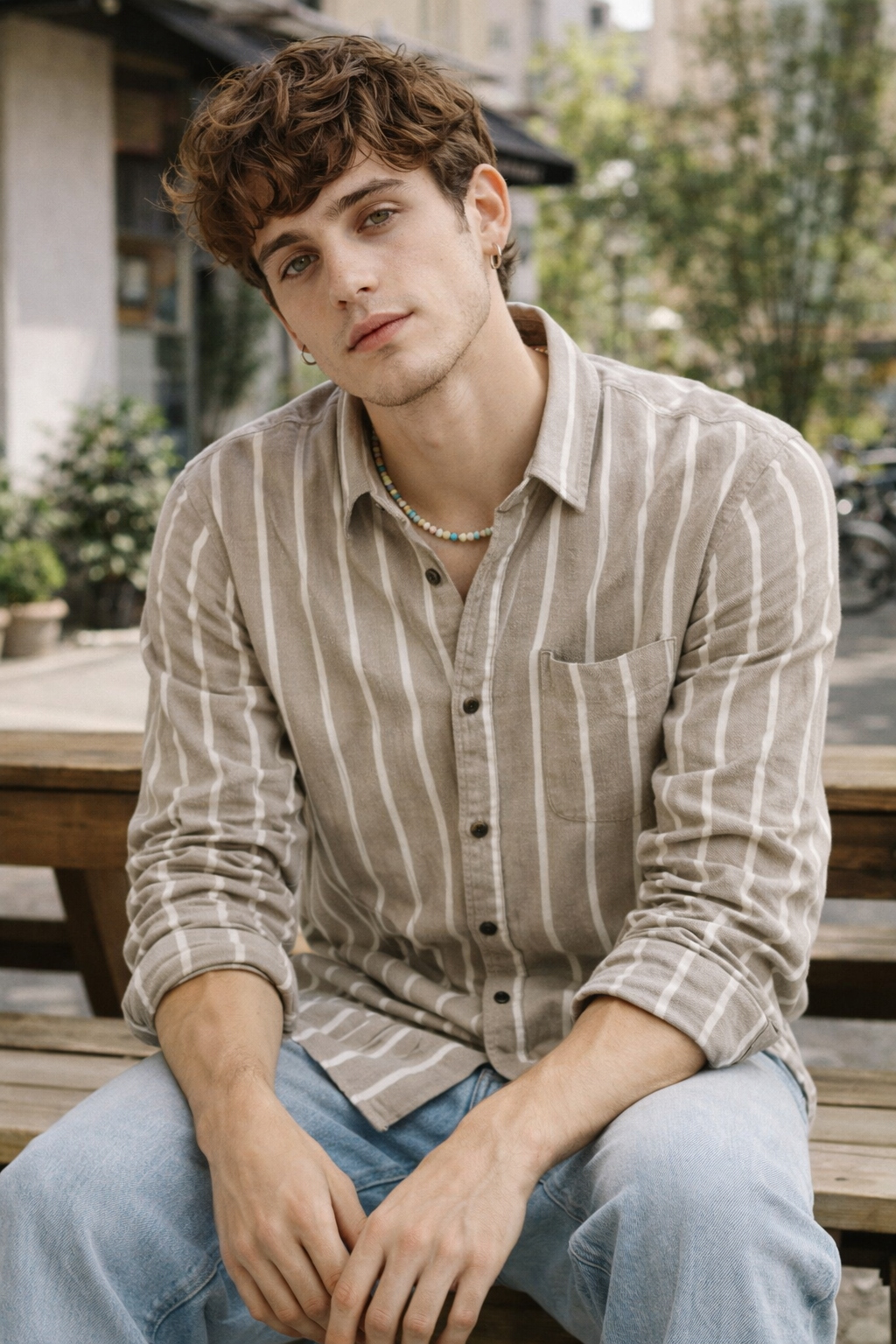 Beige & White Vertical Stripe Cotton Casual Shirt - 24550