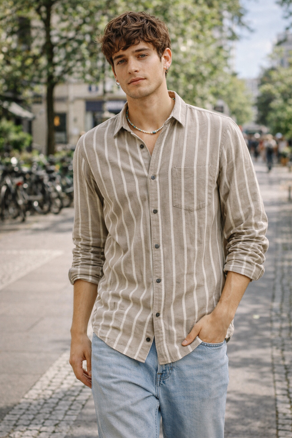 Beige & White Vertical Stripe Cotton Casual Shirt - 24550