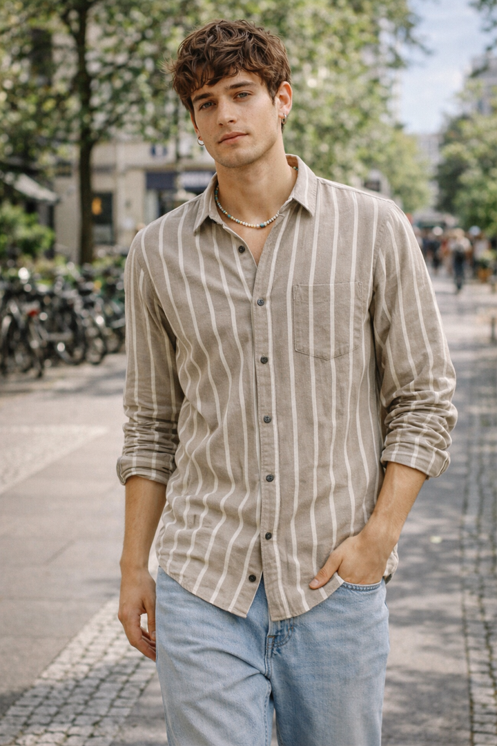 Beige & White Vertical Stripe Cotton Casual Shirt - 24550
