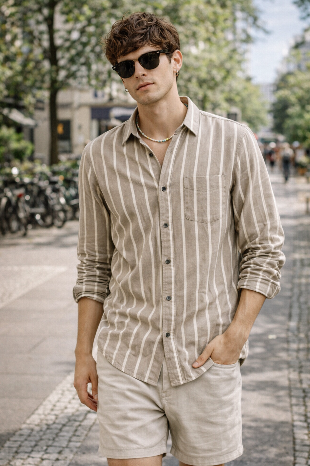 Beige & White Vertical Stripe Cotton Casual Shirt - 24550
