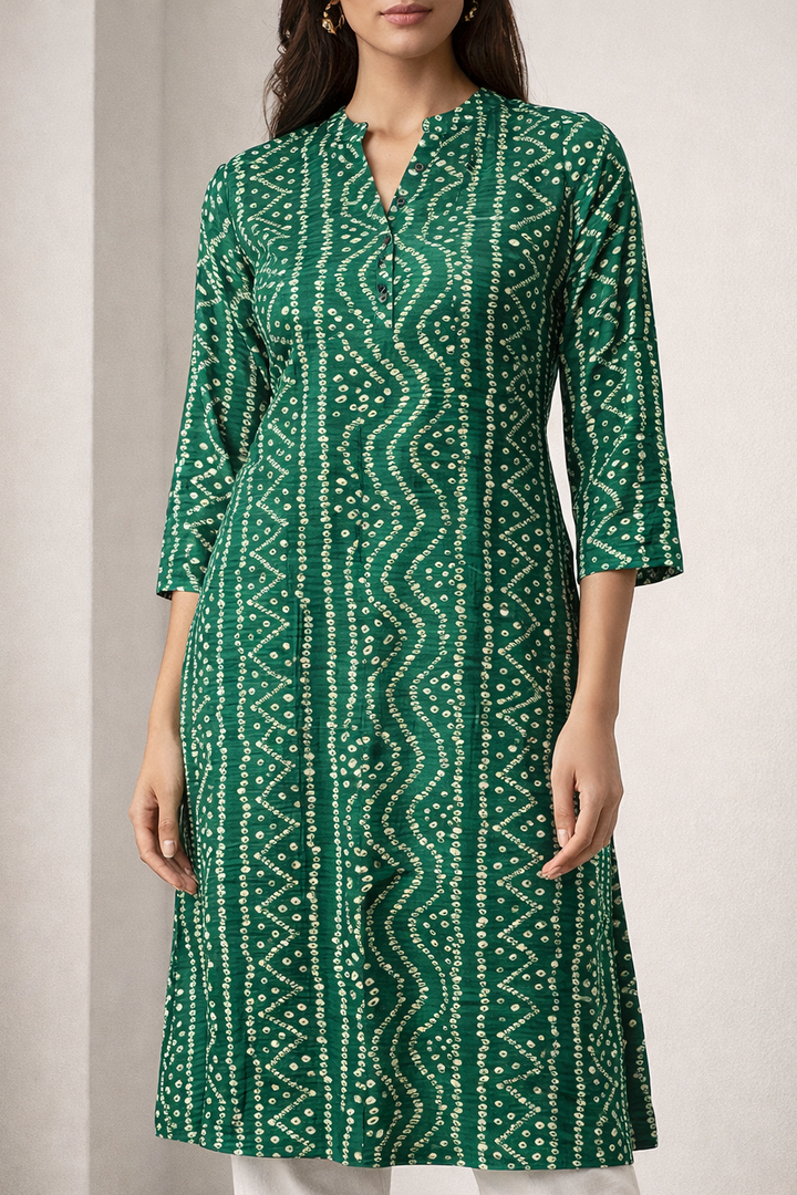 Women's Emerald Green Bandhani Print Straight Kurti - 24540