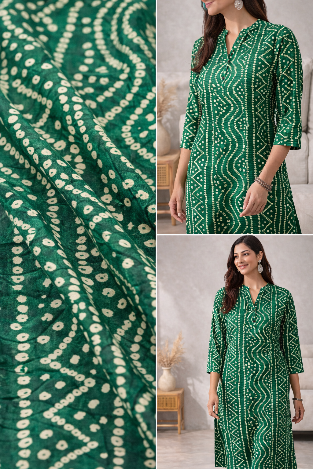 Women's Emerald Green Bandhani Print Straight Kurti - 24540