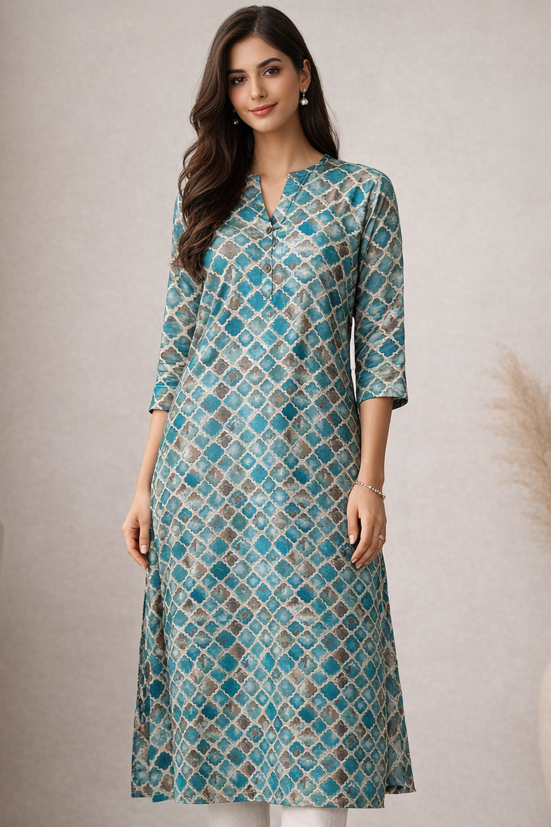 Women’s Teal & Gold Geometric Print Straight Kurti - 24509