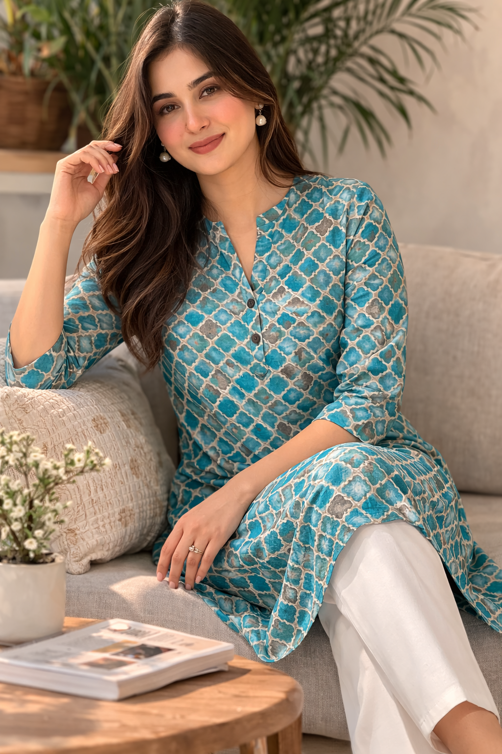 Women’s Teal & Gold Geometric Print Straight Kurti - 24509