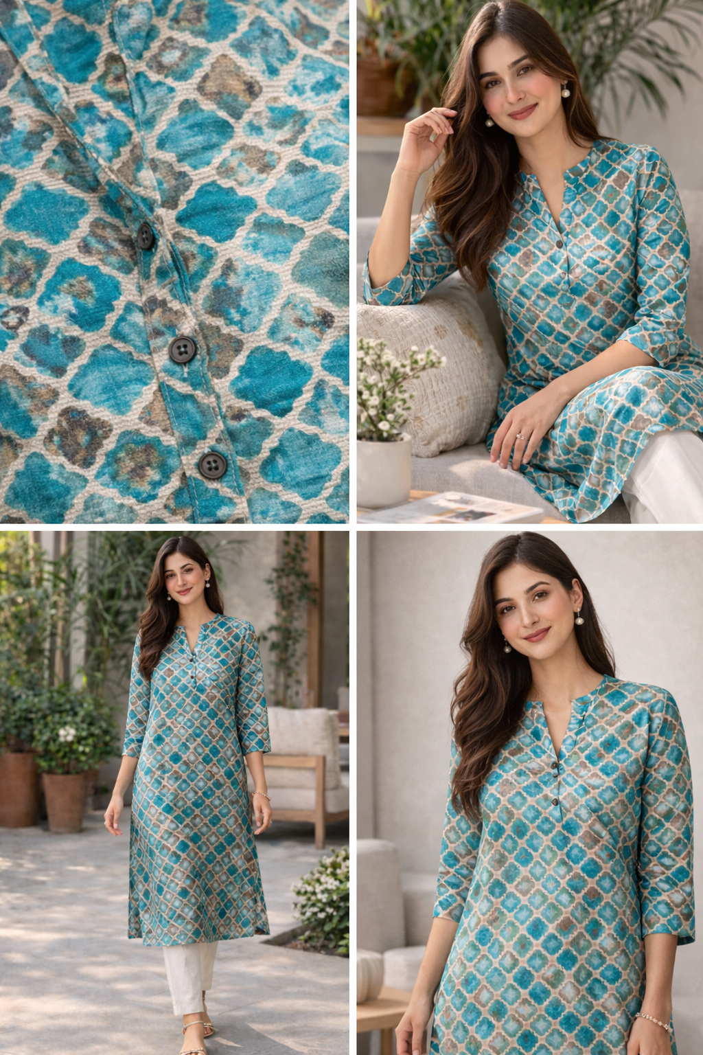 Women’s Teal & Gold Geometric Print Straight Kurti - 24509