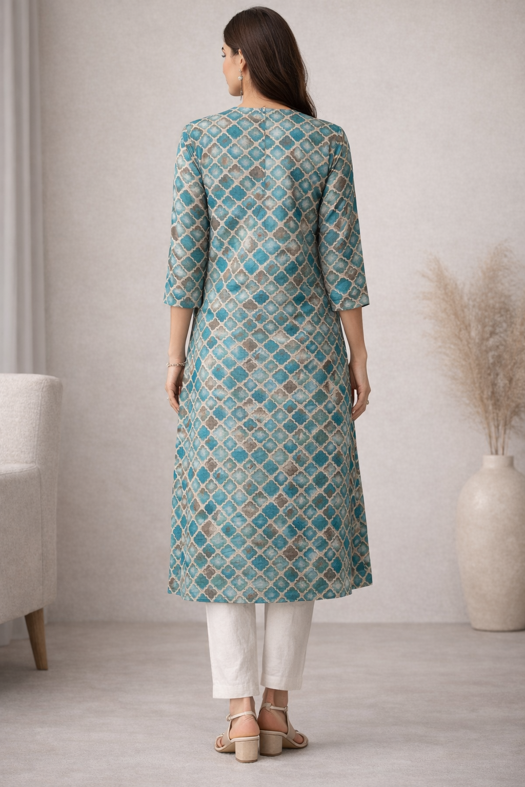 Women’s Teal & Gold Geometric Print Straight Kurti - 24509
