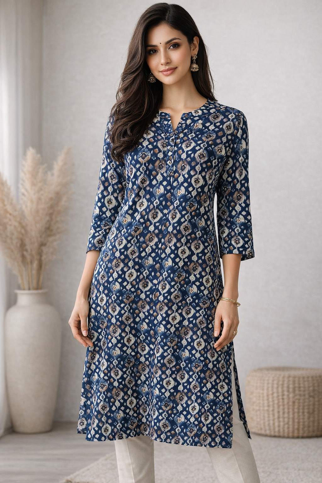 Abstract Diamond Print Teal Blue Kurta - 24494