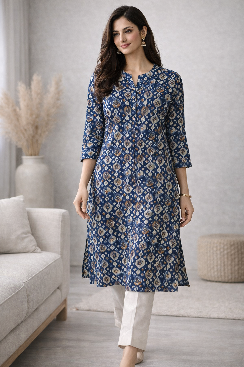 Abstract Diamond Print Teal Blue Kurta - 24494