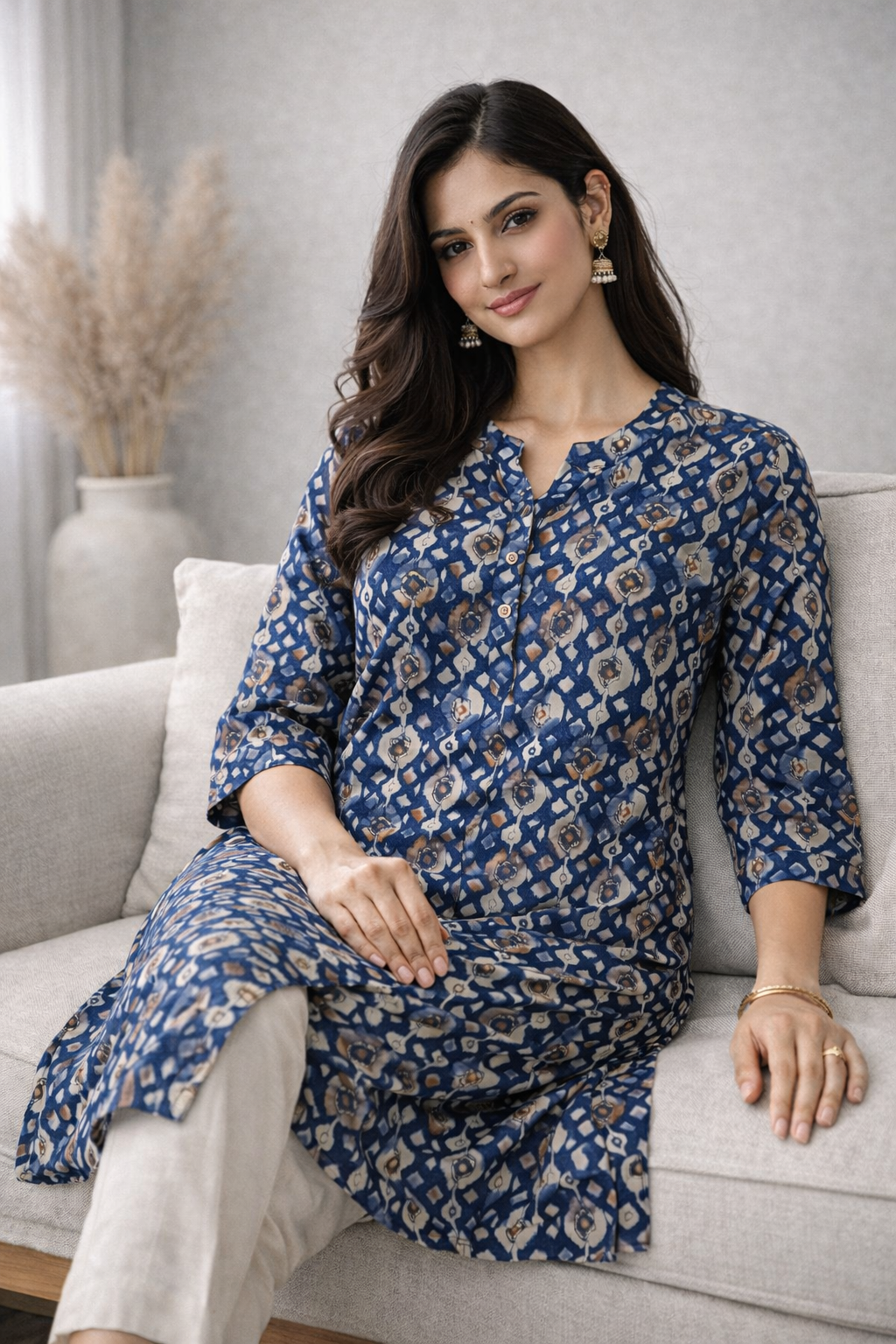 Abstract Diamond Print Teal Blue Kurta - 24494
